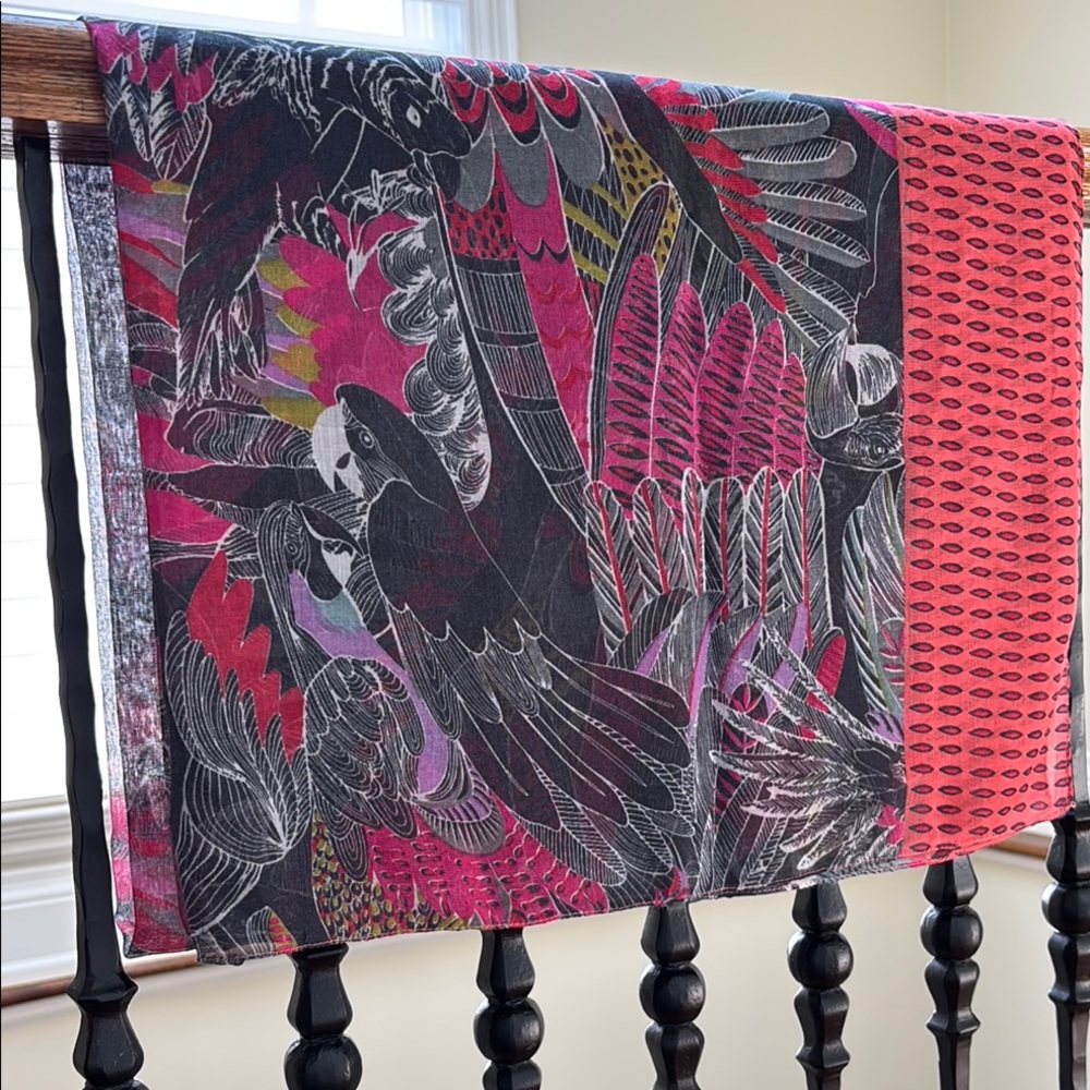 Exotic Parrot Print Large Scarf - Black, Pink and Coral